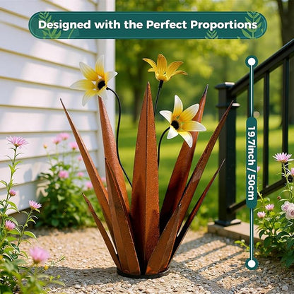 2 Pack Metal Agave Plant Sculptures, Outdoor Agave Plants, Tequila Rustic Sculpture, 16” Hand Painted Garden Decoration Yard Art Plant