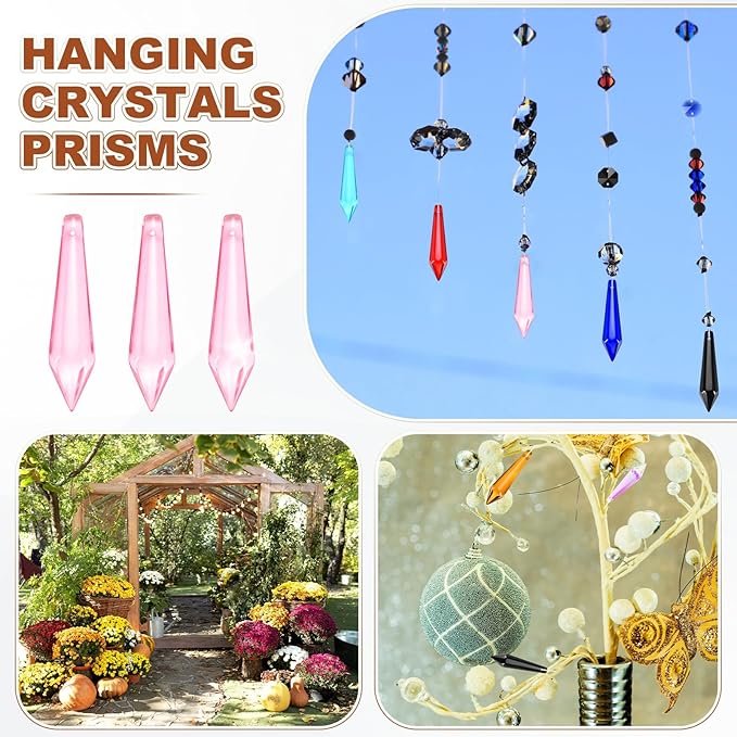 M METERXITY 10-Pack Crystal Icicle Prisms, 53mm/2.09 Inch Chandelier Pendant Maker Hanging Crystals Chandelier Prisms for Home/Windows/Garden/DIY Decoration[Pink]