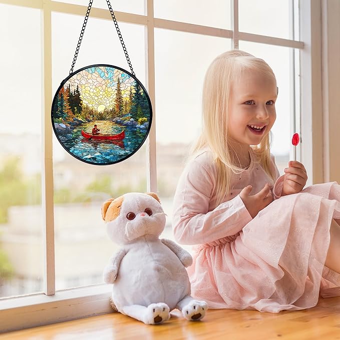 Lake Landscape Suncatchers Stained Glass Window Hanging, Nature Canoeing Man Lake Sun Catchers Indoor Window Glass Round Wall Decor, Lakehouse Wall Hanging Decorations, 7.9x7.9in