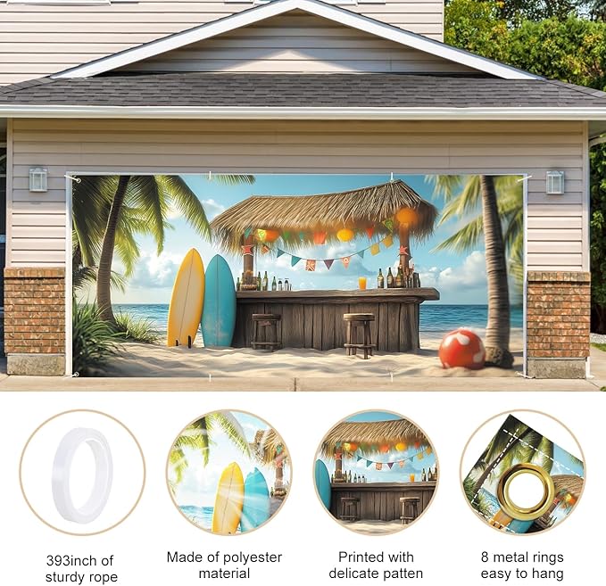 ANNA QUEEN Tiki Bar Garage Door Banner 6 x 13FT, Tropical Beach Surf Scene with Palm Trees and Surfboards,Outdoor Garage Decoration for Summer Parties Home Decor
