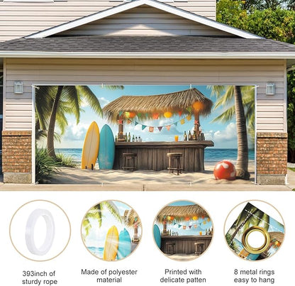 ANNA QUEEN Tiki Bar Garage Door Banner 6 x 13FT, Tropical Beach Surf Scene with Palm Trees and Surfboards,Outdoor Garage Decoration for Summer Parties Home Decor