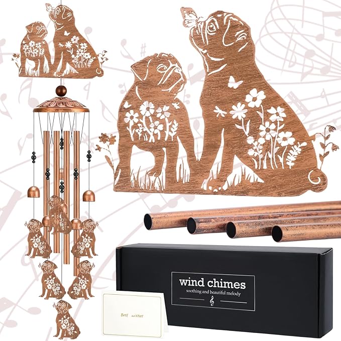 Pug Gifts Wind Chimes - Metal Windchime Outdoors Dog Hanging Decor for Pugs Lovers Garden Patio Yard Balcony Home Decoration Christmas New Year Party Birthday Gift for Women Mom Grandma