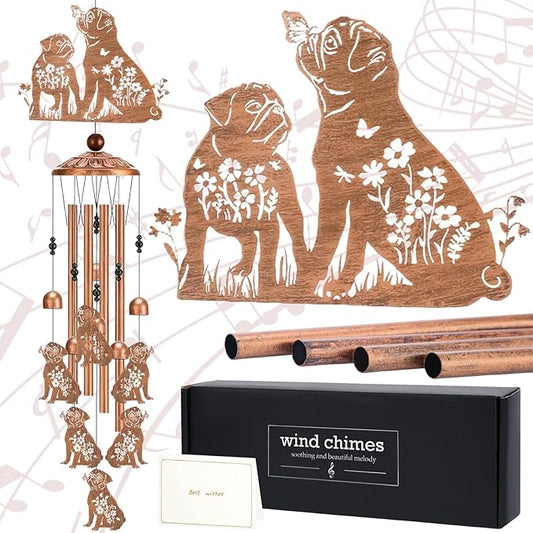 Pug Gifts Wind Chimes - Metal Windchime Outdoors Dog Hanging Decor for Pugs Lovers Garden Patio Yard Balcony Home Decoration Christmas New Year Party Birthday Gift for Women Mom Grandma