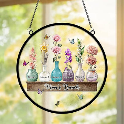 Personalized Mother's Day Suncatcher, Custom Name Birth Month Flowers Mom’s Bunch Window Hanging, Mothers Day Christmas Birthday Gifts for Mom from Daughter Son (Style 02)