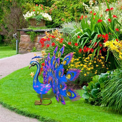 Vintage Wrought Iron Peacock Garden Statue - Weather- Metal Art for Yard,Porch or Patio,Hand-Painted Rustic Outdoor Decoration