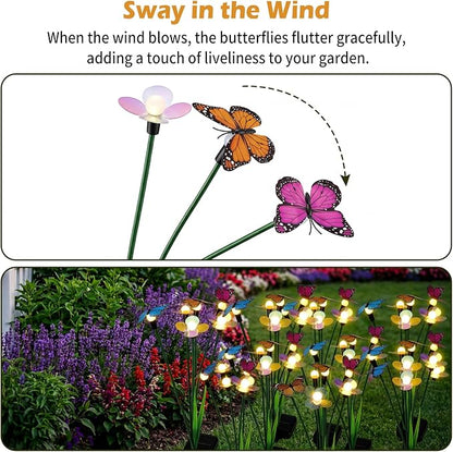 Hoikwo Solar Garden Lights 4 Pack, Swaying Butterfly Flower Stakes Outdoor, Lifelike Butterflies and Flowers with 6 LED Warm Lights, Solar Lights Decor for Yard, Patio, Garden, Pathway
