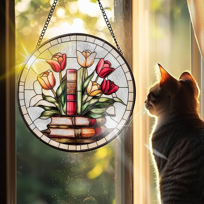 VAIIEYO Book Sun Catcher Stained Glass Window Hanging Ornament, Handmade Sun Catcher Rose Decoration with Hooks for Window Garden Home, Christmas & Birthday Housewarming 7.8 inch