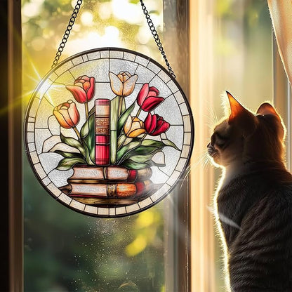VAIIEYO Book Sun Catcher Stained Glass Window Hanging Ornament, Handmade Sun Catcher Rose Decoration with Hooks for Window Garden Home, Christmas & Birthday Housewarming 7.8 inch