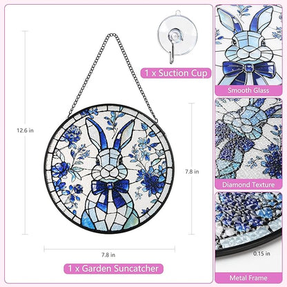 Stained Glass Window Hanging, Rabbit Circular Painted Glass Suncatcher with Chain & Suction Cup for Home Garden Door Decor, Birthday for Women Men Mom 7.8 in
