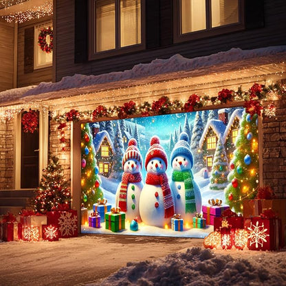 HOMETITUTE Christmas Garage Door Banner 13x6ft Snowman Winter Village Scene Holiday Backdrop Gift Box Snow Night Indoor Outdoor Wall Hanging Seasonal Party Decoration Festive Entry Porch