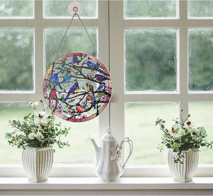 Birds and Flowers Hanging Stained Glass for Windows, Hand-Painted Sun Catcher Garden Hangings Christmas Mother's Day, Valentine's Day Ornaments Festival Gift (Large)