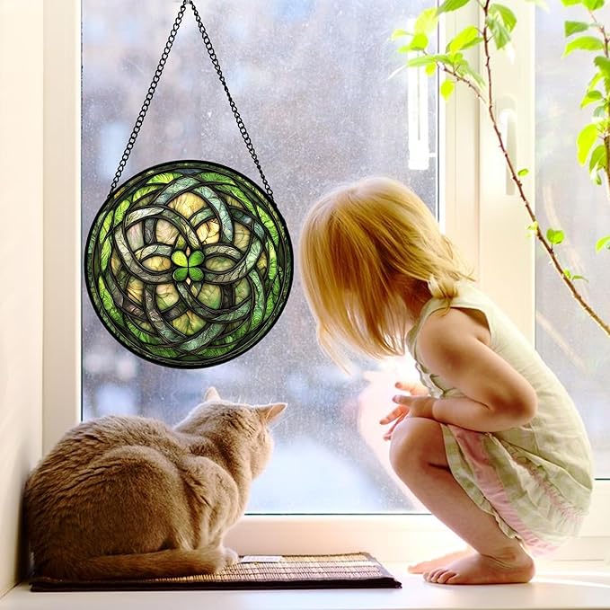 DASTOLL Stained Glass Window Hanging, Abstract Green Clover Sun Catchers Colorful Glass Panel Bless Suncatcher Decor for Birthday for Women, Men, Wife, Aunt, and Mom 11.8x11.8 in