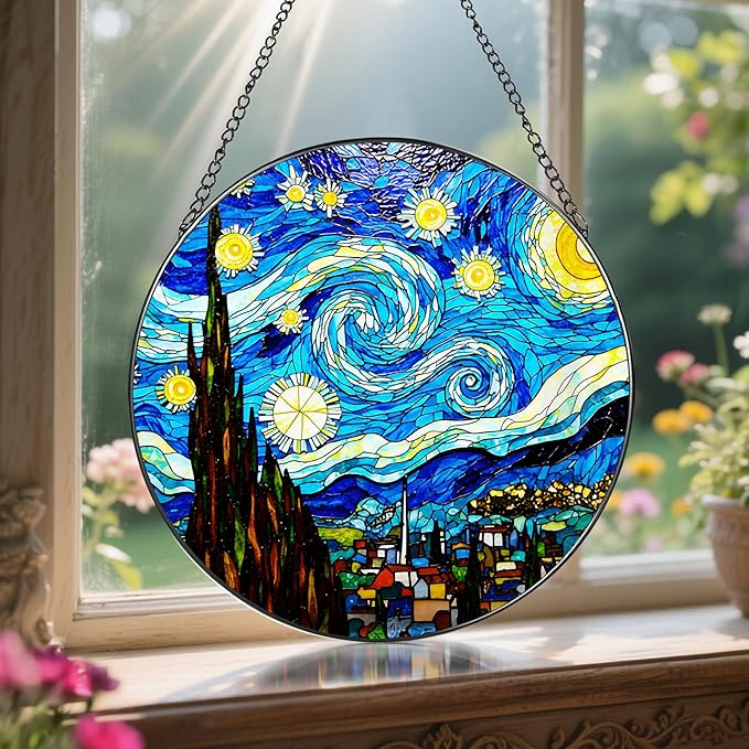 8'' Van Gogh Starry Night Sun Catcher Ornament, Stained Glass Window Hanging, Sun Catchers for Windows Hanging Ornaments, Window Decor, Ideal Gift | Gifts for Art Lovers, Friends, Family