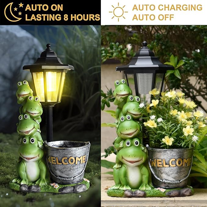Solar Frog Statue for Outdoor Garden Decor, 13.4 Inch Outside Frog Family Ornaments with Lantern and Flowerpot for Garden, Balcony, Patio, Yard, Lawn -Birthday Gifts for Women Grandparents