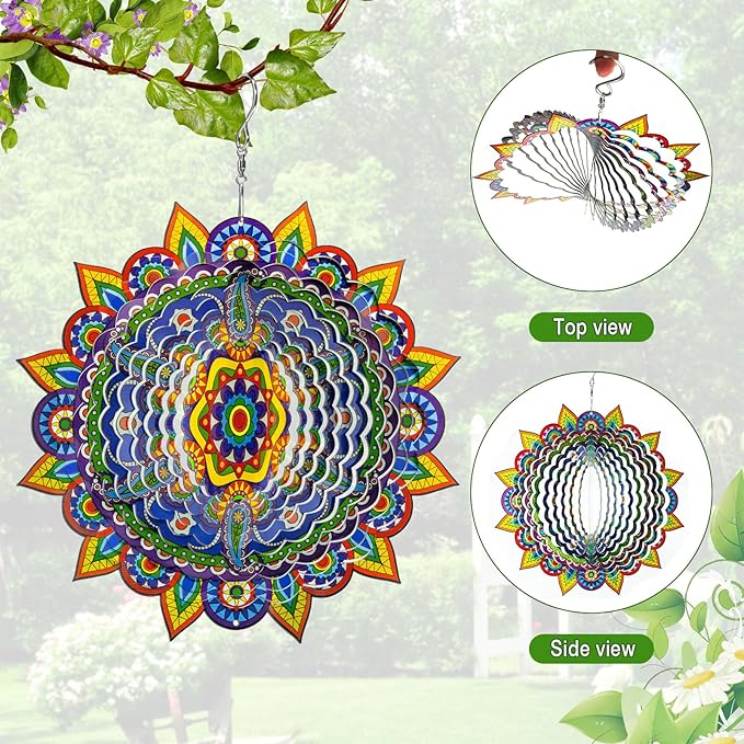 Mandala Wind Spinners, 12inch Metal Wind Spinners Outdoor for Yard and Garden,Stainless Steel Hanging Wind Spinner, Kinetic Yard Art Garden Decor Ornament Gifts
