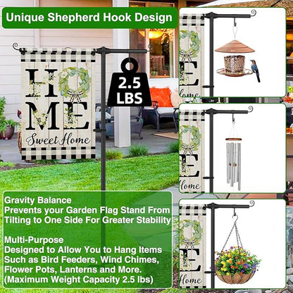 Garden Flag Stand Holder with Shepherd Hooks for 12 x 18 Flag, 51 Inch Height with 3/4 Inch Extra Thick Heavy Duty Garden Flag Pole with 4 Prong Base for Outside Home Yard Patio Decor