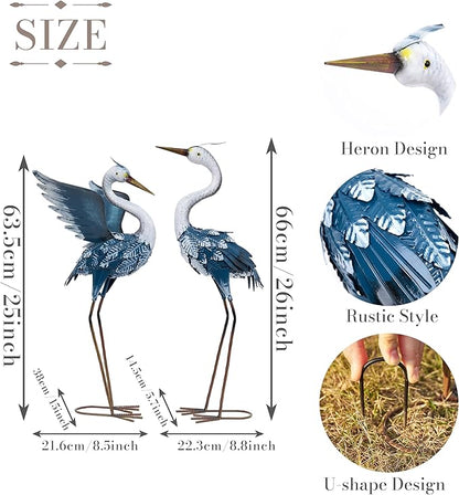 TERESA'S COLLECTIONS Yard Decorations Outdoor Garden Statues, Blue Metal Crane Yard Art, 25-26" Lawn Ornaments for Backyard,Outside Porch,Patio,Heron Decoy Bird Garden Decor,Set of 2,Gifts for Mom