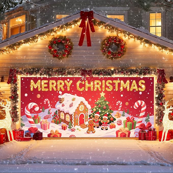 IVN Christmas Garage Door Cover Decoration 13x6ft Gingerbread House Christmas Tree Candy Path Merry Christmas Garage Door Banner Home Door Front Yard Decor for Xmas Eve Holiday Outdoor