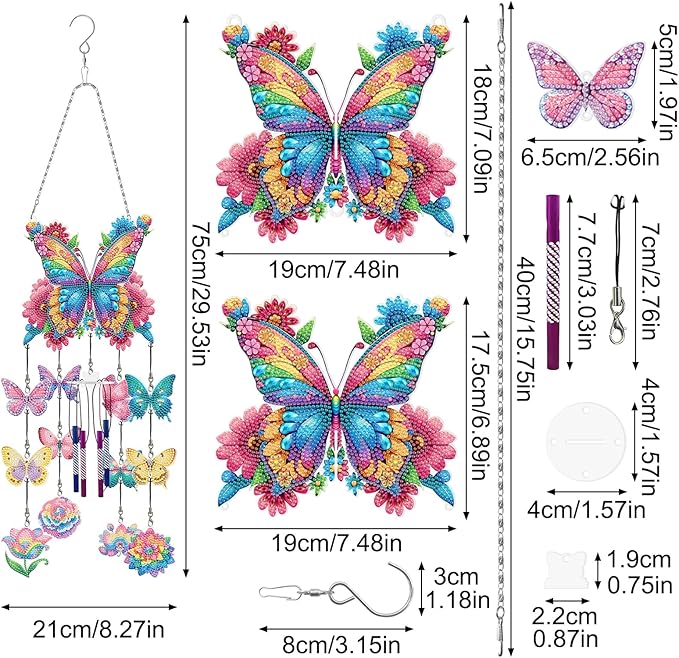 DIY Wind Chime Pendant Spring 3D Diamond Art Painting Hanging Ornament Double Sided Diamond Suncatchers for Window Home Backyard Garden Wall Door Decor (Butterfly03)