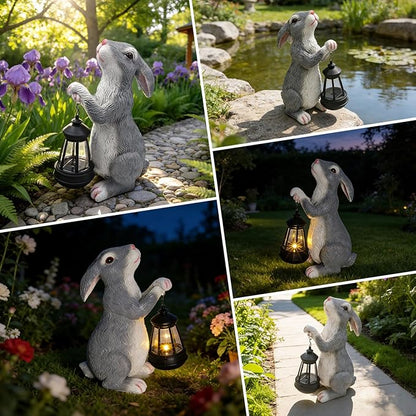 Solar Rabbit Garden Statue with Lights - Whimsical Solar Powered Bunny Figurine for Outdoor Decor, Auto On/Off Waterproof Patio, Yard, Lawn, Balcony Decorations, Unique Gift for Women & Mom