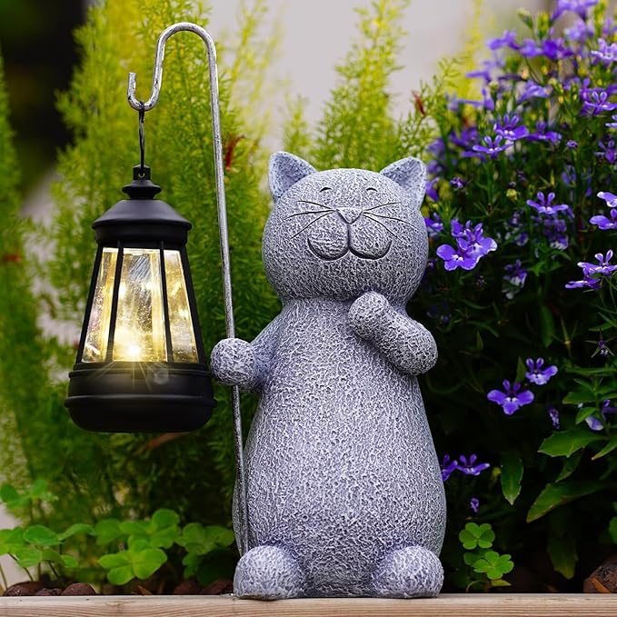 Qeeman Solar Cat Garden Statue: Weatherproof Resin Figurine with Warm Glow Lantern - Outdoor Decor for Yard Pathway Patio Porch Balcony - Gifts for Mom Grandma Cat Lovers