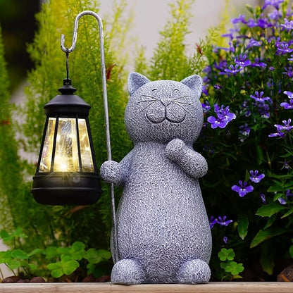 Qeeman Solar Cat Garden Statue: Weatherproof Resin Figurine with Warm Glow Lantern - Outdoor Decor for Yard Pathway Patio Porch Balcony - Gifts for Mom Grandma Cat Lovers