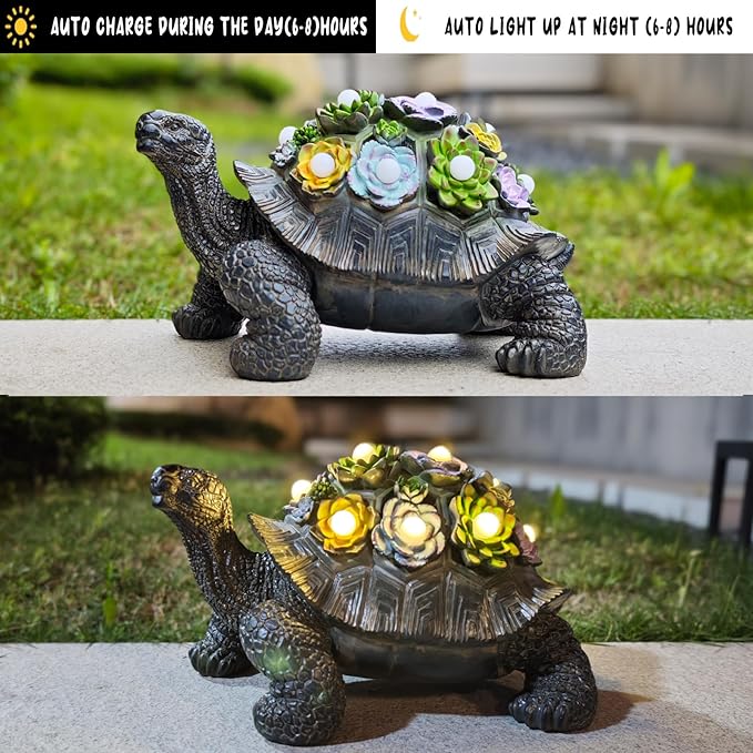 Solar Powered Succulent Turtle Statue, Resin Garden Decor with LED Lights, Waterproof Outdoor Ornament for Patio, Yard, Lawn, Porch, Unique Housewarming Gifts