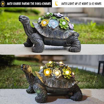 Solar Powered Succulent Turtle Statue, Resin Garden Decor with LED Lights, Waterproof Outdoor Ornament for Patio, Yard, Lawn, Porch, Unique Housewarming Gifts