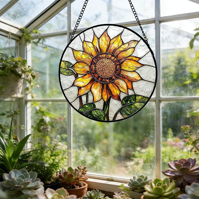 DASTOLL Stained Glass Window Hanging - Sunflower Flower Suncatcher Ready to Hang Window Doors Home Decoration and Christmas, Mother's Day Birthday Gifts for Women, Men, and Mom 9.8x9.8 in