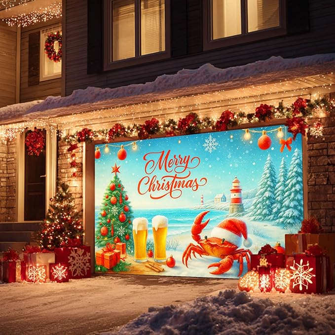 HOMETITUTE Christmas Garage Door Banner 13x6ft Coastal Crab Santa Holiday Decorations Red Lettering Snow Ocean Tree Beer Ornaments for Outdoor Xmas Party House Wall Yard Display
