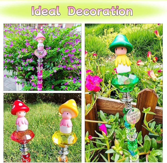 Fairy Garden Accessories Outdoor Kit - DIY Fairy Wand Beaded Garden Stakes Decorative with Miniature Mushrooms Figurine for Different Festivals, Beadable Items (Mushrooms)