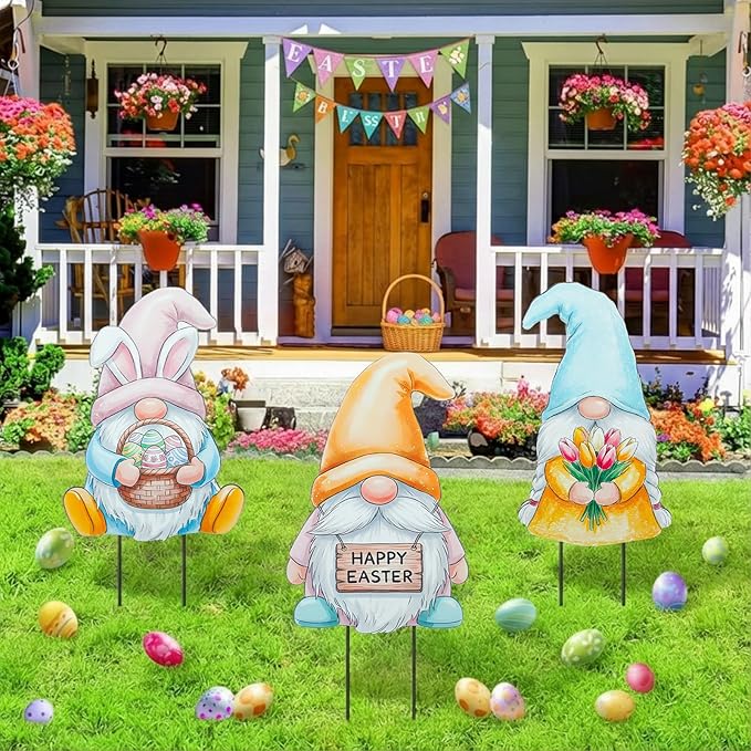 DoubleFill 3 Pcs Easter Decorations Outdoor 3D Metal Easter Eggs Tulip Yard Signs Decorative Garden Stakes Eggs Bunny Gnome Lawn Decorations Yard Decor for Spring Lawn Pathway Garden(Gnome Style)