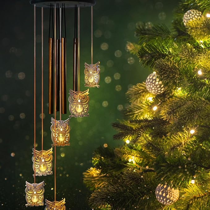 Solar Owl Wind Chimes Outdoor,Solar Wind Chimes for Outside,Hanging Lights Warm LED Garden Patio Yard Decor,Gardening Gifts for Wife Mother Grandmom,Christmas Yard Decorations
