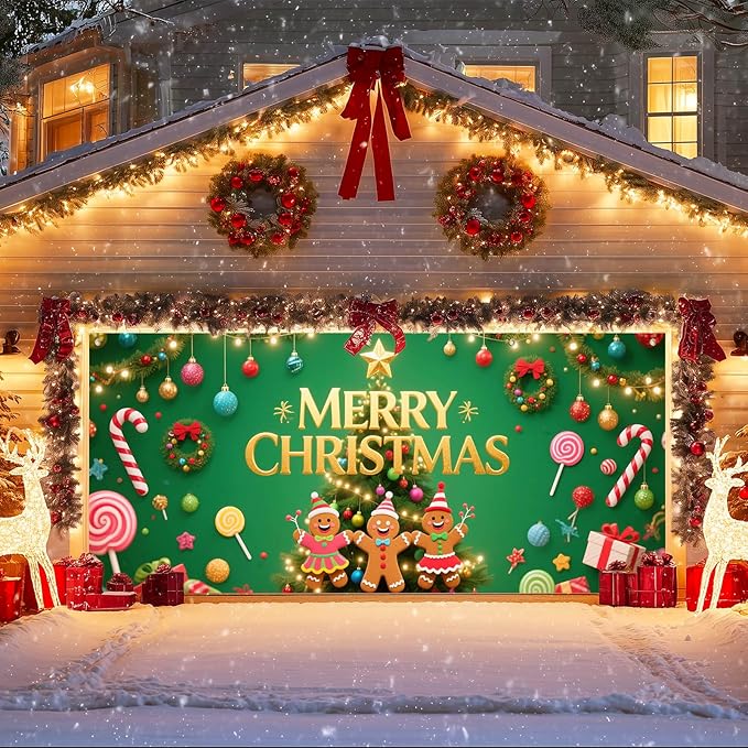 IVN Green Candy Christmas Garage Door Banner 6x13 ft Holiday Backdrop with Gingerbread Ornaments Garage Door Covers Decorative Garage Door Cover Mural for Outdoor Wall Decor