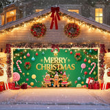 IVN Green Candy Christmas Garage Door Banner 6x13 ft Holiday Backdrop with Gingerbread Ornaments Garage Door Covers Decorative Garage Door Cover Mural for Outdoor Wall Decor