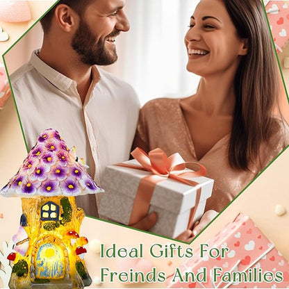 Fairy Garden House Outdoor Figurine Lights, Fairy Houses for Outside, Garden Statues Mushroom House, for Patio, Yard, Balcony Decoration, Outdoor Decorations Yard and Birthday Gifts for Mom Women