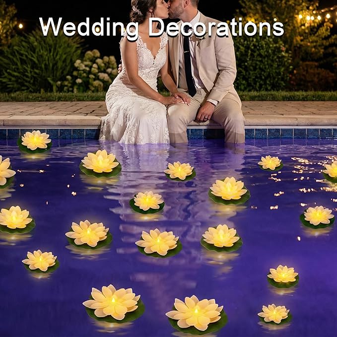 24PCS Lotus Floating Pond Lights, Warm LED LightsWaterproof Battery Powered, Floating Flowers for Pool Weddings Gardens Pond Parties Outdoor Decorations (White, 6", 4")