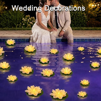 24PCS Lotus Floating Pond Lights, Warm LED LightsWaterproof Battery Powered, Floating Flowers for Pool Weddings Gardens Pond Parties Outdoor Decorations (White, 6", 4")