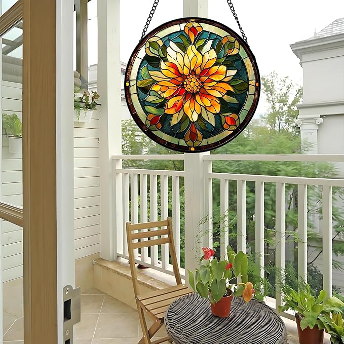 Stained Glass Window Hanging - Retro Yellow Flower Suncatcher for Door Garden Home Decor Dahlia Sun Catcher Christmas Birthday for Lovers Friend Women Mom Nana 6.3 in