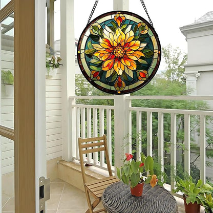Stained Glass Window Hanging - Retro Yellow Flower Suncatcher for Door Garden Home Decor Dahlia Sun Catcher Christmas Birthday for Lovers Friend Women Mom Nana 7.8 in