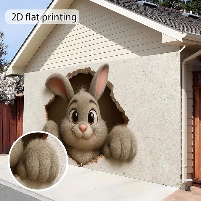 Easter Garage Door Banner Cover, Cute Bunny Wall-Breaking Spring Party Backdrop Decor, Garage Door Cover For Outdoor Yard Holiday Decoration