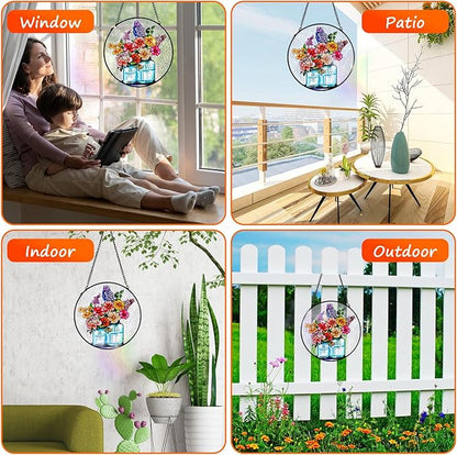 Remiawy Stained Glass Window Hanging, 6 Inch Mason Jar with Flowers Glass Panel with Metal Chain and Hooks Indoor Window Wall Art Home Decor for Women Birthday