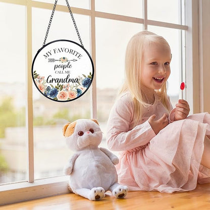Grandma Gifts Suncatchers Stained Glass Window Hanging, Grandmother Gifts for Mother's Day, My Favorite People Call Me Grandma Sun Catchers Indoor Window, 7.9x7.9in