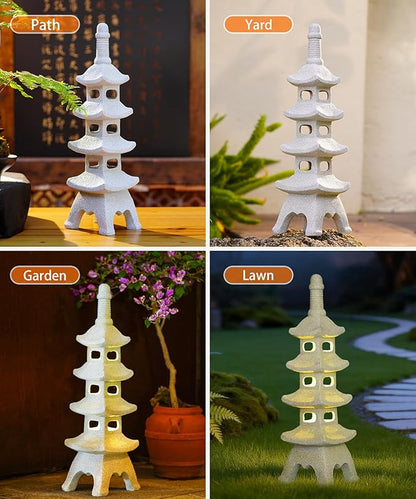 Nacome Solar Pagoda Garden Statues: 25.6 inches Multi-Layer Outdoor Waterproof Resin Zen Decor for Landscape Balcony Patio Porch Yard Ornament(Gray)