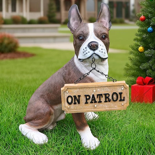 Playful French Bulldog Dog Sculpture with Solar Lantern & Double-Sided 'On Patrol' & 'Welcome' Signposts – Cute Resin Statue for Garden, Yard, Patio Decor