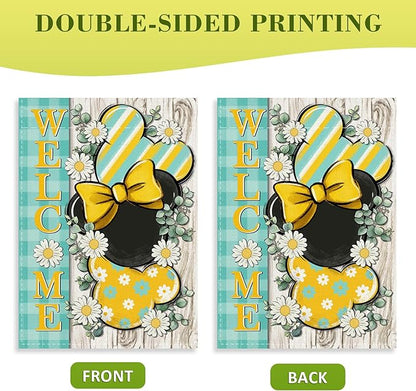 Welcome Spring Decorative House Flag, Daisy Flower Yellow Teal Plaid Stripes Garden Yard Outside Decorations, Summer Farmhouse Outdoor Large Home Decor Double Sided 28 x 40
