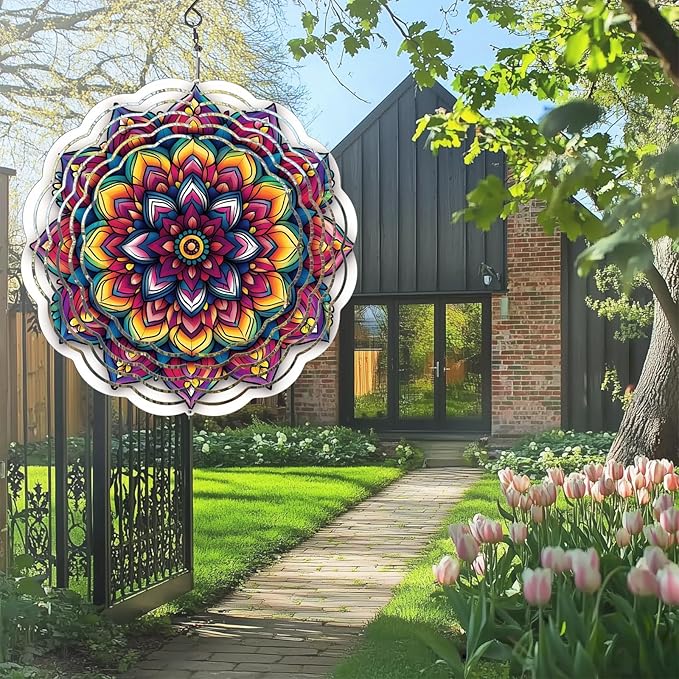 Wind Spinners Outdoor, Hanging Wind Spinner for Garden Decoration, 8 inch 3D Stainless Steel Metal Wind Sculpture for Indoor/Outdoor Decor, Mandala Lucky Star