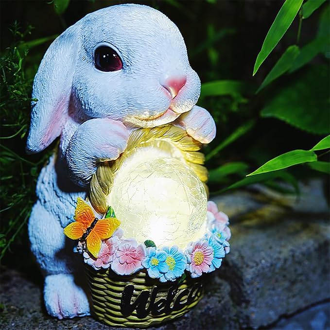 Solar Garden Outdoor Statues Rabbit with Flower Basket, Ideal Gift for Mom, Daddy, Cute Bunny Statue Decor for Lawn, Patio, Yard(White Rabbit)