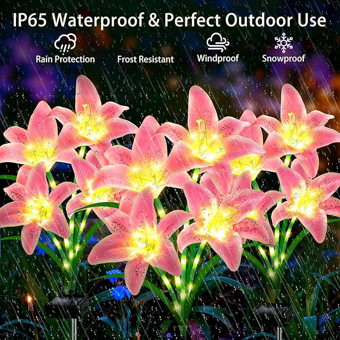 Solar Garden Lights 4 Pack 16 Pink Lily Flowers,Gifts for Mom Woman Birthday Outdoor Solar Flower Lights, Cemetery Flowers for Grave - Decorative Lilies for Yard, Patio, Pathway Decorations
