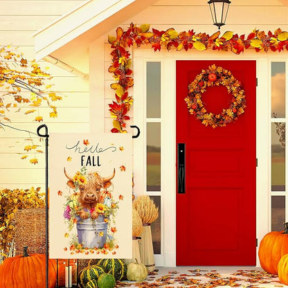 Hello Fall Garden Flag Highland Cow Polyester Yard Flag Double Sided Vertical 12x18 Inch Farmhouse Pumpkin Sunflower Floral Garden Flags Autumn Maple Leaf House Banner for Seasonal Outdoor